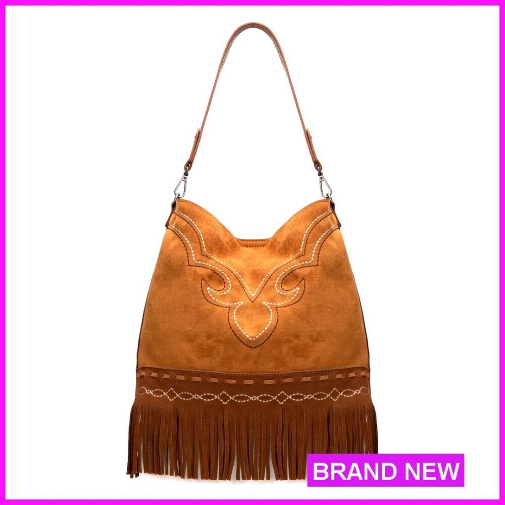 Fringe Suede Hobo Bag with Top Handle and Shoulder Strap